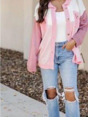 Pink Lily Pink & White Colorblock Button-Up Cardigan Jacket